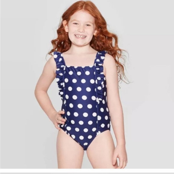 Cat & Jack One Piece Navy Blue & White Polka Dot Bathing Suit Size 10/12 - Picture 1 of 6
